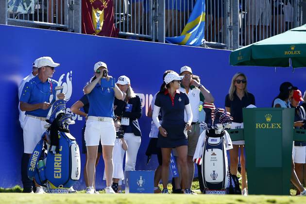 2023 Solheim Cup, Finca Cortesin, Andalucia, Spain 24 9 2023 Leona Maguire checks the distance ahead of her tee off Leona Maguire checks the distance ahead of her tee off 24 9 2023  Copyright: x INPHO MartinxSirasxLimax _MS09652