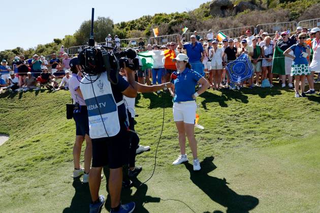 2023 Solheim Cup, Finca Cortesin, Andalucia, Spain 24 9 2023 Leona Maguire Leona Maguire is interviewed after her round 24 9 2023  Copyright: x INPHO MartinxSirasxLimax _MSL8475