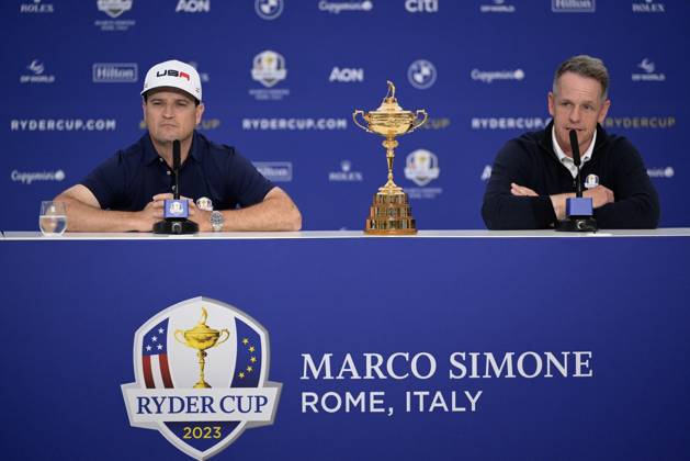 Zach Johnson (USA) Luke Donald (ENG) during the USA an Europe Ryder Cup 2023 captains press conference, PK, Pressekonferenz at Marco Simone Golf & Country Club on September 25, 2023 in Rome, Italy.  Copyright: xFabrizioxCorradetti IPAxSportx x xx IPA_40555115 IPA_IPA40555115