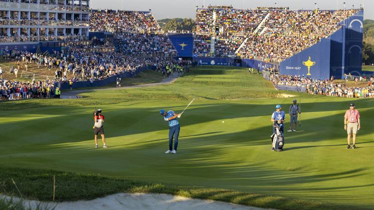 ROME 2023 09 29 Ryder Cup day 1, Foursome Viktor Hovland Norway and Ludvig Aberg Sweden played together in the Foursome on Friday at Marco Simone Golf Country Club in Rome Here Ludvig hits his first shot during the Ryder Cup entry on the first hole Photo Christer Höglund TT code 40750 Rome Italy GOLF x40750x  Copyright: xChristerHoglund TTx RYDER CUP FREDAG