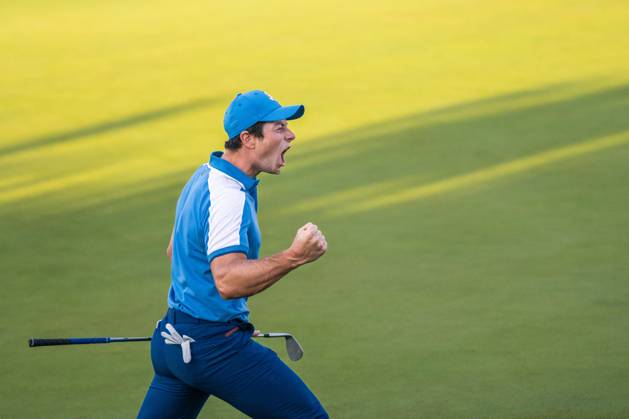 230929 Viktor Hovland of Team Europe celebrates in a foursome match during day one of the Ryder Cup on September 29, 2023 in Rome Photo Mathias Bergeld BILDBYRAN kod MB MB0736 golf ryder cup day 1 bbeng round 1 jubel  Copyright: MATHIASxBERGELD BB230929MB043