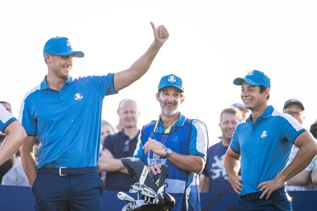 230929 Ludvig Aberg and Viktor Hovland of Team Europe in a foursome match during day one of the Ryder Cup on September 29, 2023 in Rome Photo Mathias Bergeld BILDBYRAN kod MB MB0736 golf ryder cup day 1 bbeng round 1  Copyright: MATHIASxBERGELD BB230929MB065