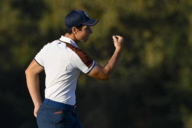 September 30, 2023, ROME, ITALY: Europe s Norwegian golfer Viktor Hovland reacts during the Foursome matches on the second day of the 2023 Ryder Cup golf tournament at Marco Simone Golf Club in Guidonia, near Rome, Italy, 30 September 2023. The 44th Ryder Cup matches between the US and Europe will be held in Italy from 29 September to 01 October 2023. .ANSA RICCARDO ANTIMIANI 2023 Ryder Cup golf tournament  - ZUMAa110 20230930_zaf_a110_019 Copyright: xRiccardoxAntimianix