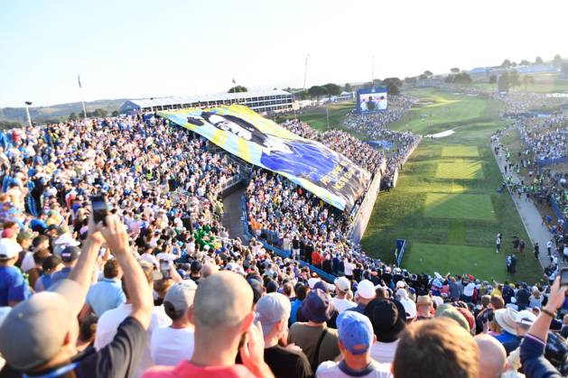 Golf match - Ryder Cup 2023 Tribune 1th hole during the Ryder Cup 2023 at Marco Simone Golf & Country Club on September 30, 2023 in Rome Italy. Rome Italy  Copyright: xIPAxSport ABACAx BRIPASport20230930_045 IPAxSport ABACAx BRIPASport20230930_045