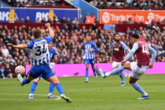 Birmingham, England, 30th September 2023. Jacob Ramsey of Aston Villa scores his teams fifth goals of the game during the Premier League match at Villa Park, Birmingham. Picture credit should read: Gary Oakley Sportimage EDITORIAL USE ONLY. No use with unauthorised audio, video, data, fixture lists, club league logos or live services. Online in-match use limited to 120 images, no video emulation. No use in betting, games or single club league player publications. SPI-2610-0042