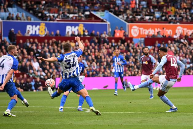 Birmingham, England, 30th September 2023. Jacob Ramsey of Aston Villa scores his teams fifth goals of the game during the Premier League match at Villa Park, Birmingham. Picture credit should read: Gary Oakley Sportimage EDITORIAL USE ONLY. No use with unauthorised audio, video, data, fixture lists, club league logos or live services. Online in-match use limited to 120 images, no video emulation. No use in betting, games or single club league player publications. SPI-2610-0043