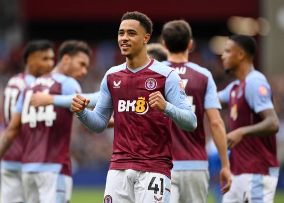 Birmingham, England, 30th September 2023. Jacob Ramsey of Aston Villa celebrates scoring his teams fifth goals of the game during the Premier League match at Villa Park, Birmingham. Picture credit should read: Gary Oakley Sportimage EDITORIAL USE ONLY. No use with unauthorised audio, video, data, fixture lists, club league logos or live services. Online in-match use limited to 120 images, no video emulation. No use in betting, games or single club league player publications. SPI-2610-0065