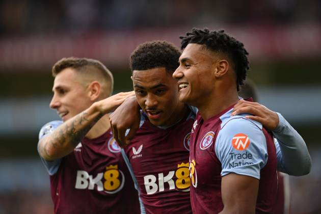 Birmingham, England, 30th September 2023. Jacob Ramsey of Aston Villa celebrates scoring his teams fifth goals of the game with Ollie Watkins during the Premier League match at Villa Park, Birmingham. Picture credit should read: Gary Oakley Sportimage EDITORIAL USE ONLY. No use with unauthorised audio, video, data, fixture lists, club league logos or live services. Online in-match use limited to 120 images, no video emulation. No use in betting, games or single club league player publications. SPI-2610-0076