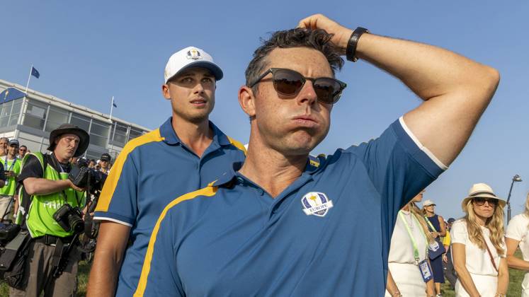 ROM 2023 10 01 Day 3 Singles Matches Europe beat USA in the Ryder Cup here is Ludvig Aberg Sweden together with Rory McIlroy when the win is a fact Photo Christer Höglund TT code 40750 Rome Italy GOLF x40750x  Copyright: xChristerxHöglund TTx RYDER CUP 2023