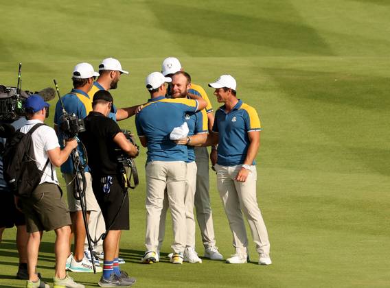 GOLF - Ryder Cup 2023 ROME,ITALY,01.OCT.23 - GOLF - Ryder Cup, Marco Simone Golf and Country Club. Image shows Jon Rahm (ESP EUR), Rory McIlroy (NIR EUR), Tyrell Hatton (ENG EUR) and Viktor Hovland (NOR EUR). GEPAxpictures xHansxOberlaender