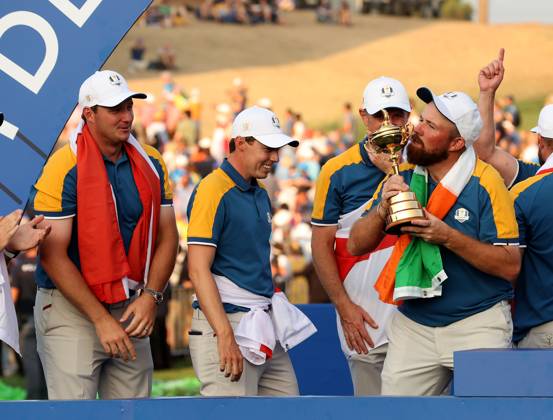 GOLF - Ryder Cup 2023 ROME,ITALY,01.OCT.23 - GOLF - Ryder Cup, Marco Simone Golf and Country Club. Image shows Sepp Straka (AUT EUR), Matt Fitzpatrick (ENG EUR) and Shane Lowry (IRL EUR). GEPAxpictures xHansxOberlaender