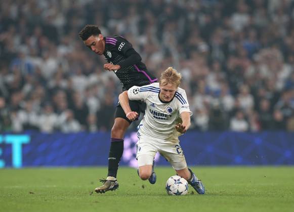 03 10 2023, Football UEFA Champions League 2023 2024, Group stage, Matchday 2, FC Copenhagen FC Bayern Munich, at Parken Stadion Copenhagen L R Jamal Musiala Bayern Munich vs Birger Meling FC Copenhagen DFL and DFB regulations prohibit any use of photographs as image sequences and or quasi video