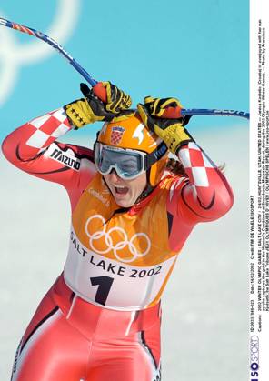 2002 WINTER Olympic Games, Olympische Spiele, Olympia, OS : 2002 WINTER OLYMPIC GAMES : SALT LAKE CITY 2 4 02, HUNTSVILLE, UTAH, UNITED STATES --- Janica Kostelic (Croatia) is overjoyed with her run as she captures the gold in the Women s Combined at Snowbasin Mountain Resort, during the 2002 Olympic Winter games, Winterspiele,Spiele, Summer games --- Photo by Francisco Kjolsethhe Salt Lake Tribune JEUX OLYMPIQUES D HIVER OLYMPISCHE SPELEN www.iso be Ogden United States ETATS UNIS VERENIGDE STATEN Copyright: xTIMxDExWAELEx 55730
