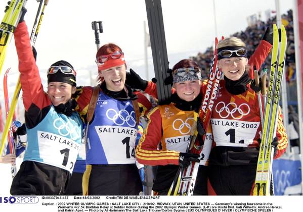 2002 WINTER Olympic Games, Olympische Spiele, Olympia, OS : 2002 WINTER OLYMPIC GAMES : SALT LAKE CITY 2 18 02, MIDWAY, UTAH, UNITED STATES --- Germany s winning foursome in the Women s 4x7.5k Biathlon Relay at Soldier Hollow during the 2002 Olympic Winter games, Winterspiele,Spiele, Summer games (L-R) are Uschi Disl, Kati Wilhelm, Andrea Henkel, and Katrin Apel. --- Photo by Al Hartmann The Salt Lake Tribune Corbis Sygma JEUX OLYMPIQUES D HIVER OLYMPISCHE SPELEN www.iso be Ogden United States ETATS UNIS VERENIGDE STATEN  Copyright: xTIMxDExWAELEx 56174