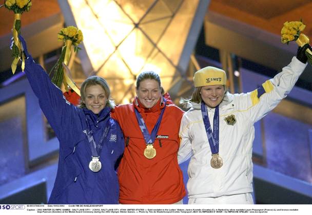 2002 WINTER Olympic Games, Olympische Spiele, Olympia, OS : 2002 WINTER OLYMPIC GAMES : SALT LAKE CITY 2 20 02, SALT LAKE CITY, UTAH, UNITED STATES --- Gold medalist in the Ladies Slalom, Janica Kostelic (Croatia) (C), is flanked by silver medalist Laure Pequegnot (France) (L) and bronze medalist Anja Paerson (Sweden) at the Medal Award Ceremony during the 2002 Olympic Winter games, Winterspiele,Spiele, Summer games --- Photo by Tim de Waele Isosport Corbis Tempsport JEUX OLYMPIQUES D HIVER OLYMPISCHE SPELEN www.iso be Ogden United States ETATS UNIS VERENIGDE STATEN Copyright: xTIMxDExWAELEx 56321