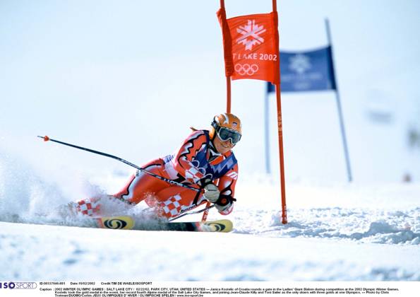 2002 WINTER Olympic Games, Olympische Spiele, Olympia, OS : 2002 WINTER OLYMPIC GAMES : SALT LAKE CITY 02 22 02, PARK CITY, UTAH, UNITED STATES --- Janica Kostelic of Croatia rounds a gate in the Ladies Giant Slalom during competition at the 2002 Olympic Winter games, Winterspiele,Spiele, Summer games Kostelic took the gold medal in the event, her record fourth Alpine medal of the Salt Lake City Games, and joining Jean-Claude Killy and Toni Sailer as the only skiers with three golds at one Olympics. --- Photo by Chris Trotman DUOMO Corbis JEUX OLYMPIQUES D HIVER OLYMPISCHE SPELEN www.iso be Ogden United States ETATS UNIS VERENIGDE STATEN Copyright: xTIMxDExWAELEx 56588