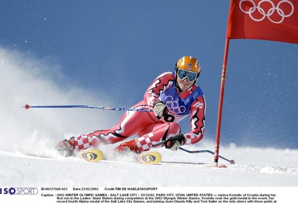 2002 WINTER Olympic Games, Olympische Spiele, Olympia, OS : 2002 WINTER OLYMPIC GAMES : SALT LAKE CITY 02 22 02, PARK CITY, UTAH, UNITED STATES --- Janica Kostelic of Croatia during her first run in the Ladies Giant Slalom during competition at the 2002 Olympic Winter games, Winterspiele,Spiele, Summer games Kostelic took the gold medal in the event, her record fourth Alpine medal of the Salt Lake City Games, and joining Jean-Claude Killy and Toni Sailer as the only skiers with three golds at one Olympics. --- Photo by Tim de Waele Isosport Corbis JEUX OLYMPIQUES D HIVER OLYMPISCHE SPELEN www.iso be Ogden United States ETATS UNIS VERENIGDE STATEN Copyright: xTIMxDExWAELEx 56630