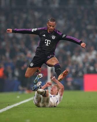 03 10 2023, Football UEFA Champions League 2023 2024, Group stage, Matchday 2, FC Copenhagen FC Bayern Munich, at Parken Stadion Copenhagen L R Leroy Sane Bayern Munich vs Birger Meling FC Copenhagen DFL and DFB regulations prohibit any use of photographs as image sequences and or quasi video