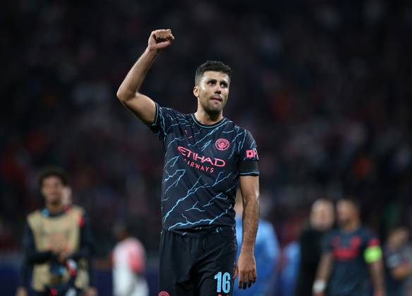 04 10 2023, Football UEFA Champions League 2023 2024, Group stage, Matchday 2, RB Leipzig Manchester City, at Red Bull Arena Leipzig final cheer Rodri Manchester City DFL and DFB regulations prohibit any use of photographs as image sequences and or quasi video