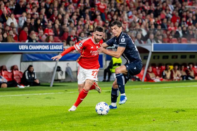 UEFA Champions League 2023 24: Benfica Vs Real Sociedad in Lisbon, Portugal - 24 Oct 2023 Rafa Silva (L) of SL Benfica and Robin Le Normand (R) of Real Sociedad seen in action during the UEFA Champions League 2023 24 match between Benfica and Real Sociedad at Estádio do Lisboa e Benfica. Final score; Benfica 0:1 Real Sociedad. Lisbon Portugal Copyright: xNunoxBrancox xSOPAxImagesx NBR_SLB_RS-63