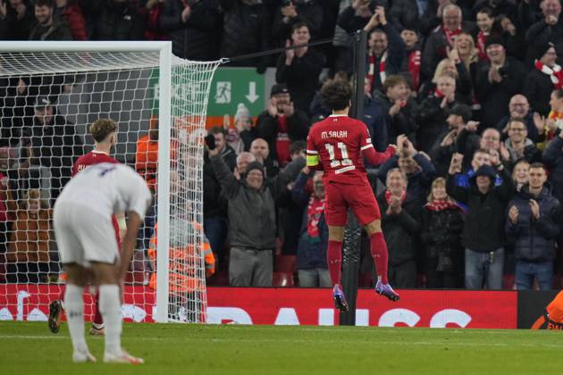 UEFA Europa League Liverpool v Toulouse Mohamed Salah 11 of Liverpool celebrates after scoring to make the score 5-1 during the UEFA Europa League match Liverpool vs Toulouse at Anfield, Liverpool, United Kingdom, 26th October 2023 (Photo by Steve Flynn News Images) Liverpool Anfield Merseyside United Kingdom Copyright: xStevexFlynn NewsxImagesx