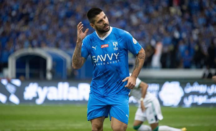 SAFF Roshn Saudi Pro League 2023-24 MD11 Aleksandar Mitrovic of Al-Hilal SFC celebrates after scoring a goal during the Match Day 11 of the SAFF Roshn Saudi Pro League 2023-24 between Al-Hilal SFC vs Al-Ahli SFC at King Fahd International Stadium on October 27, 2023 in Riyadh, Saudi Arabia. Riyadh King Fahd International Stadium Saudi Arabia Copyright: xVictorxFrailex 2023.10.27_PSI03255.MD11_VFR_03063
