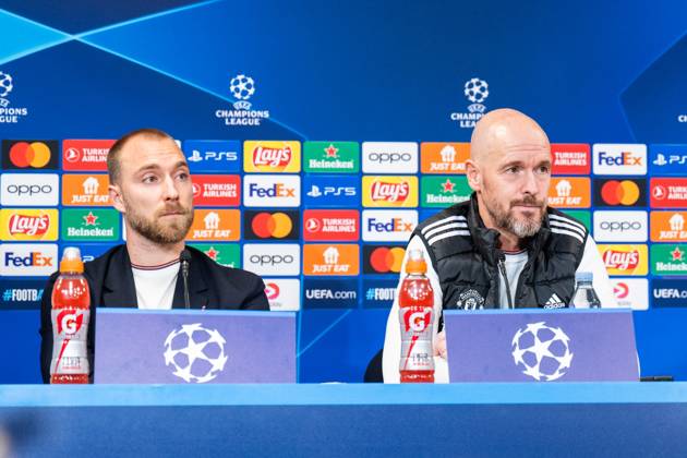 Manchester United, ManU press conference, PK, Pressekonferenz ahead of UEFA Champions League in Copenhagen, Denmark Copenhagen, Denmark. 07th, November 2023. Head coach Erik ten Hag (R) of Manchester United seen with Christian Eriksen (L) during a press conference ahaed of the UEFA Champions League match between FC Copenhagen and Manchester United at Parken in Copenhagen. Copenhagen Denmark Copyright: xGonzalesxPhoto FrederikkexJensenx
