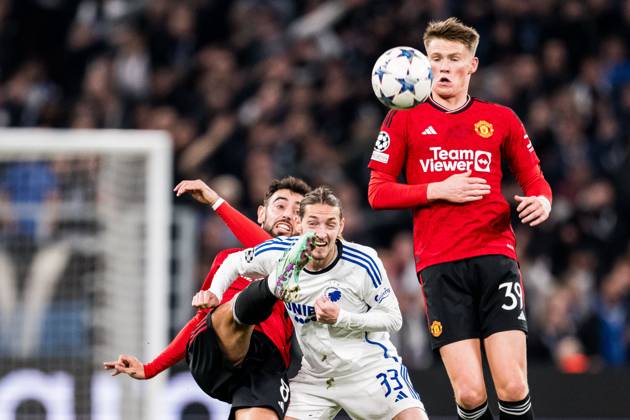 231108 Bruno Fernandes of Manchester United and Rasmus Falk of FC Copenhagen and Scott McTominay of Manchester United during the UEFA Champions League football match between FC Copenhagen and Manchester United on November 8, 2023 in Copenhagen Photo Petter Arvidson BILDBYRAN kod PA PA0685 fotboll football soccer fotball champions league fc copenhagen manchester united bbeng Copyright: PETTERxARVIDSON BB231108PA202