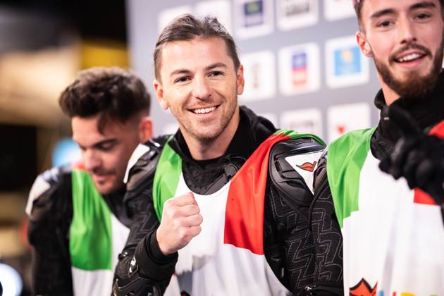 TV Total WOK WM von Pro7 2023 12 11 2023, Bob and luge track, Winterberg, TV Total WOK WM von Pro7 2023 In the picture Riccardo Basile cheers with his fist, laughs, grins, is in a good mood nordphotoxGmbHxx xChristianxSchulze nph000300