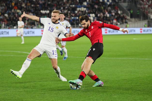 Khvicha Kvaratskhelia of Georgia against Ryan Porteous of Scotland during the UEFA European Championship, EM, Europameisterschaft Qualifying match between Georgia and Scotland at the The Boris Paitchadze Dinamo Arena on November 16, 2023 in Tbilisi, Georgia. Tbilisi Boris Paitchadze Dinamo Arena, Akaki Tsereteli Avenue, Didube District, Tbilisi, 0112, Georgia Georgia Copyright: xArturxStabulnieksx 338209