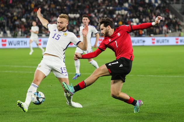 Khvicha Kvaratskhelia of Georgia against Ryan Porteous of Scotland during the UEFA European Championship, EM, Europameisterschaft Qualifying match between Georgia and Scotland at the The Boris Paitchadze Dinamo Arena on November 16, 2023 in Tbilisi, Georgia. Tbilisi Boris Paitchadze Dinamo Arena, Akaki Tsereteli Avenue, Didube District, Tbilisi, 0112, Georgia Georgia Copyright: xArturxStabulnieksx 338219