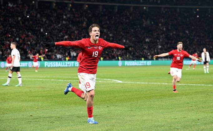 Football, Men, Season 2023 2024, International match in Berlin, Germany Turkey 2 3 , f l Kenan Yildiz Turkey , Ismail Yüksek Turkey , Ismail Yüksek Turkey , Cheering after scoring 1 2, 18 11 2023, Copyright: xMatthiasxKochx