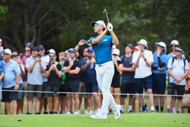 GOLF AUSTRALIAN PGA, Golf Herren Min Woo Lee plays a shot during the final round of the 2023 Australian PGA Championship in Brisbane, Sunday, November 26, 2023. ( NO ARCHIVING, EDITORIAL USE ONLY, NO USE IN BOOKS WITHOUT CONSENT BRISBANE QUEENSLAND AUSTRALIA  Copyright: xJONOxSEARLEx 20231126001869941902
