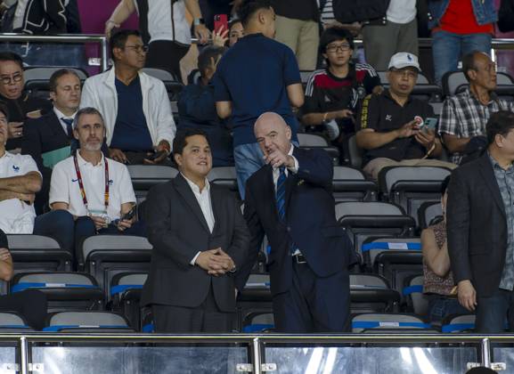 02 12 2023, Football U 17 World Cup 2023, Final Germany France, at Manahan Stadium Surakarta re FIFA President Gianni Infantino in the stands with Erick Thohir li, Indonesian Football Association President