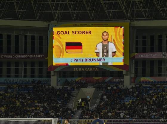 02 12 2023, Football U 17 World Cup 2023, Final Germany France, at Manahan Stadium Surakarta Goal display Paris Brunner Germany