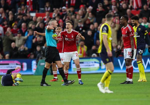 Nottingham Forest v Bournemouth Premier League Referee Rob Jones shows Willy Boly of Nottingham Forest a red card during the Premier League match at the City Ground, Nottingham Copyright: xAndyxSumnerx FIL-19410-0040 UK Newspapers OUT