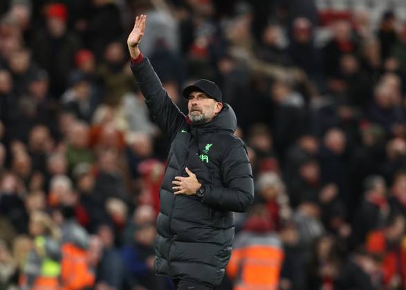 Liverpool, England, 23rd December 2023. Jurgen Klopp manager of Liverpool waves to the crowd during the Premier League match at Anfield, Liverpool. Picture credit should read: Darren Staples Sportimage EDITORIAL USE ONLY. No use with unauthorised audio, video, data, fixture lists, club league logos or live services. Online in-match use limited to 120 images, no video emulation. No use in betting, games or single club league player publications. SPI-2829-0070