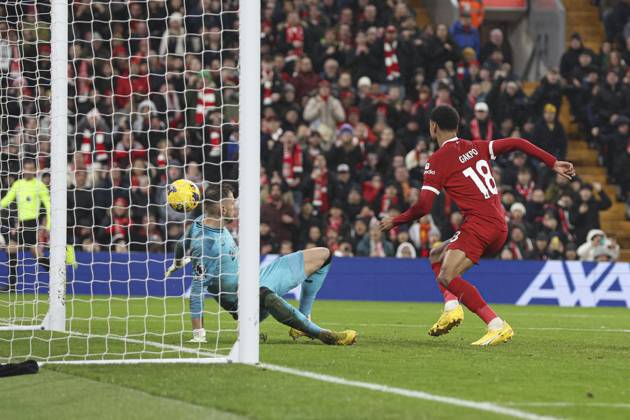 Football - 2023 2024 Premier League - Liverpool vs Newcastle United - Anfield - Monday 1st January 2024. Cody Gakpo of Liverpool scores the 3rd goal