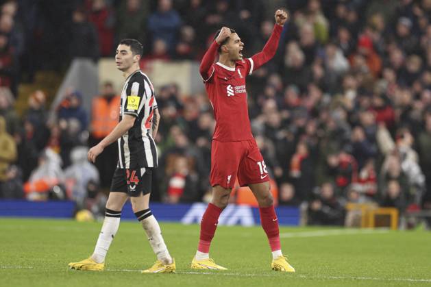 Football - 2023 2024 Premier League - Liverpool vs Newcastle United - Anfield - Monday 1st January 2024. Cody Gakpo of Liverpool scores the 3rd goal and celebrates