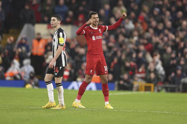 Football - 2023 2024 Premier League - Liverpool vs Newcastle United - Anfield - Monday 1st January 2024. Cody Gakpo of Liverpool scores the 3rd goal and celebrates