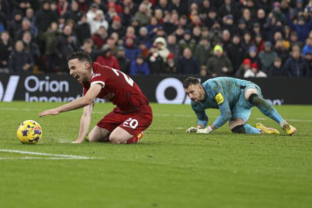 Football - 2023 2024 Premier League - Liverpool vs Newcastle United - Anfield - Monday 1st January 2024. Diogo Jota of Liverpool is brought down by Martin Dubravka of Newcastle United for a penalty