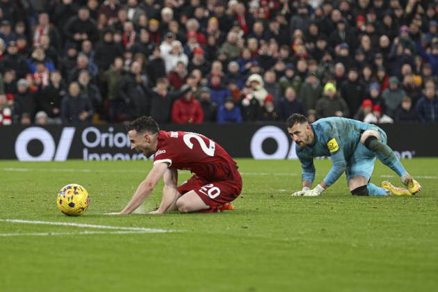 Football - 2023 2024 Premier League - Liverpool vs Newcastle United - Anfield - Monday 1st January 2024. Diogo Jota of Liverpool is brought down by Martin Dubravka of Newcastle United for a penalty
