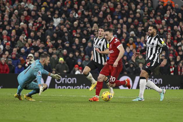 Football - 2023 2024 Premier League - Liverpool vs Newcastle United - Anfield - Monday 1st January 2024. Diogo Jota of Liverpool is brought down by Martin Dubravka of Newcastle United for a penalty