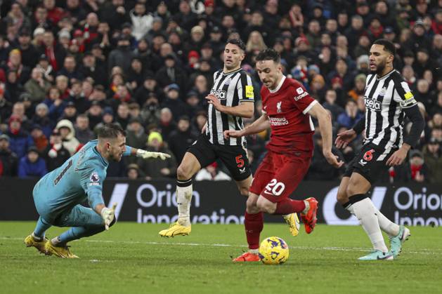 Football - 2023 2024 Premier League - Liverpool vs Newcastle United - Anfield - Monday 1st January 2024. Diogo Jota of Liverpool is brought down by Martin Dubravka of Newcastle United for a penalty