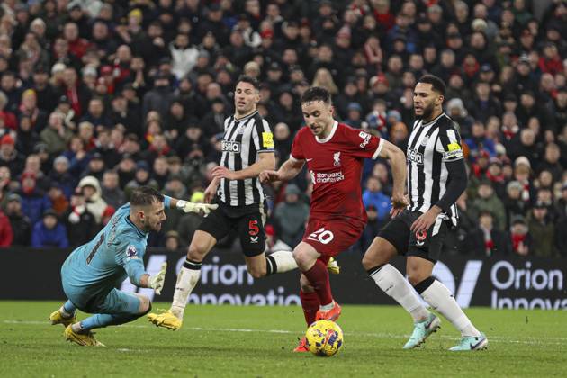 Football - 2023 2024 Premier League - Liverpool vs Newcastle United - Anfield - Monday 1st January 2024. Diogo Jota of Liverpool is brought down by Martin Dubravka of Newcastle United for a penalty