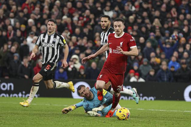 Football - 2023 2024 Premier League - Liverpool vs Newcastle United - Anfield - Monday 1st January 2024. Diogo Jota of Liverpool is brought down by Martin Dubravka of Newcastle United for a penalty