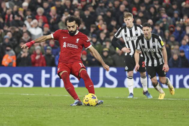 Football - 2023 2024 Premier League - Liverpool vs Newcastle United - Anfield - Monday 1st January 2024. Mohamed Salah of Liverpool scoring the 4th goal
