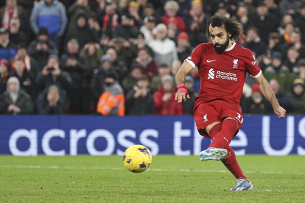 Football - 2023 2024 Premier League - Liverpool vs Newcastle United - Anfield - Monday 1st January 2024. Mohamed Salah of Liverpool scoring the 4th goal