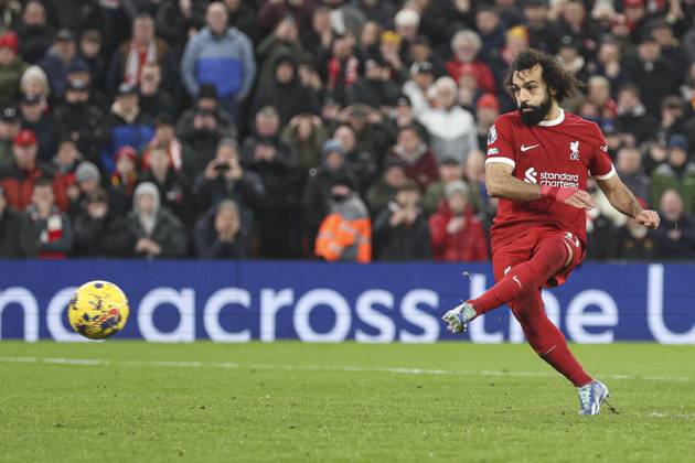 Football - 2023 2024 Premier League - Liverpool vs Newcastle United - Anfield - Monday 1st January 2024. Mohamed Salah of Liverpool scoring the 4th goal