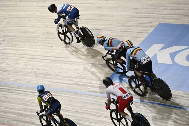 Belgian Fabio Van den Bossche and Belgian Lindsay De Vylder pictured in action at the Men s Madison final event at the 2024 UEC Track Elite European Championships in Apeldoorn, Netherlands, Thursday 11 January 2024. The European Championships take place from 10 to 14 January. DIRKxWAEM x83813621x